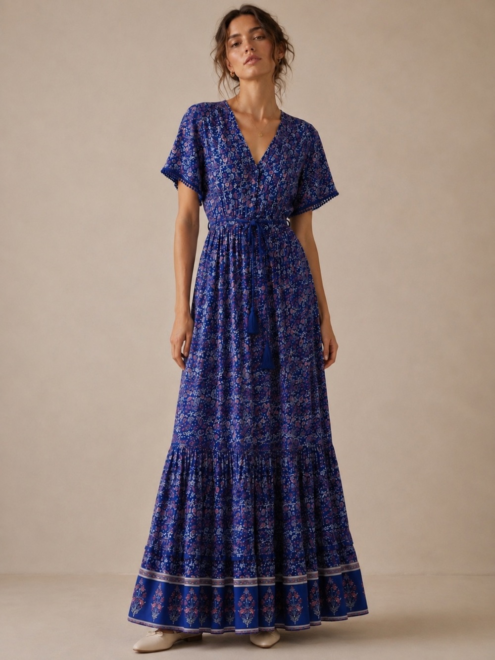 Blue Floral Boho Cottagecore Prairie Button Front Maxi Dress